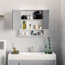 Kleankin Wall Mounted Mirror Cabinet W/ Double Mirror Doors & Adjustable Shelf in Grey - thumbnail 4
