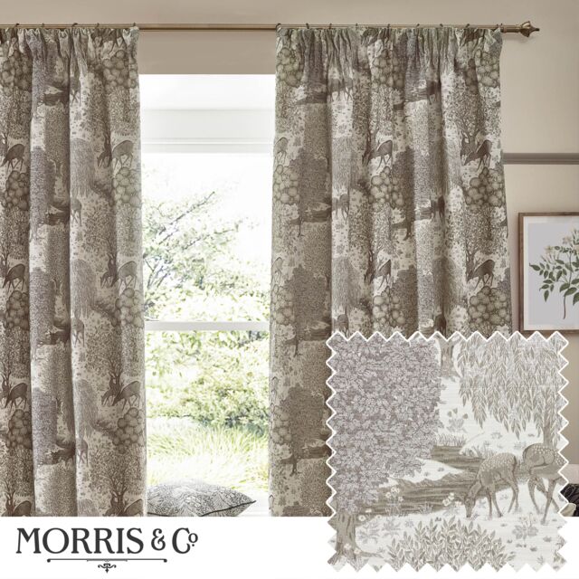 Morris & Co Brook Woodland Jacquard Room Darkening Pencil Pleat Curtains in Beige - Size: 229 cm width x 137 cm drop - image 1