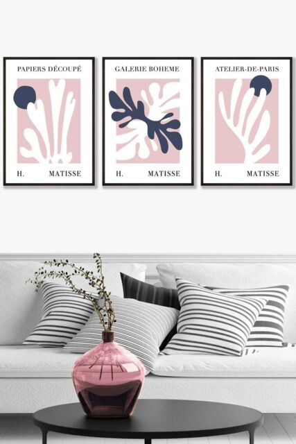 ARTZE Set of 3 Black Framed Matisse Floral Cut Out Style in Blue & Pink Wall Art in Dusty Pink - Size: W33 cm x H45 cm x D20mm - image 1