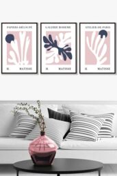 ARTZE Set of 3 Black Framed Matisse Floral Cut Out Style in Blue & Pink Wall Art in Dusty Pink - Size: W33 cm x H45 cm x D20mm - thumbnail 1