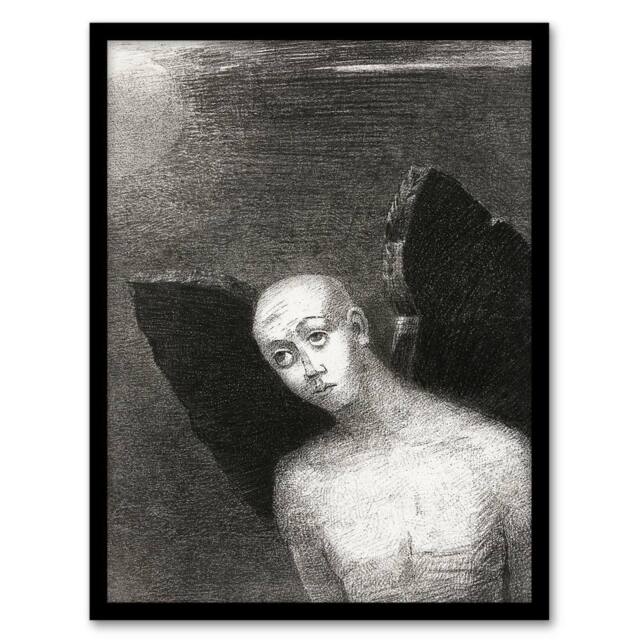 Artery8 Odilon Redon Framed Wall Art Print Fallen Angel Spreads Black Wings in Grey - Size: A4 - image 1