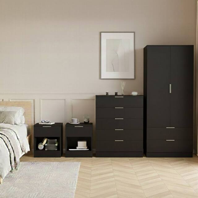 Home Discount Vida Designs Trega 4Pc Bedroom Set(1Dr Bedsidex2, 5Dr Chest, Wardrobe) in Black - image 1