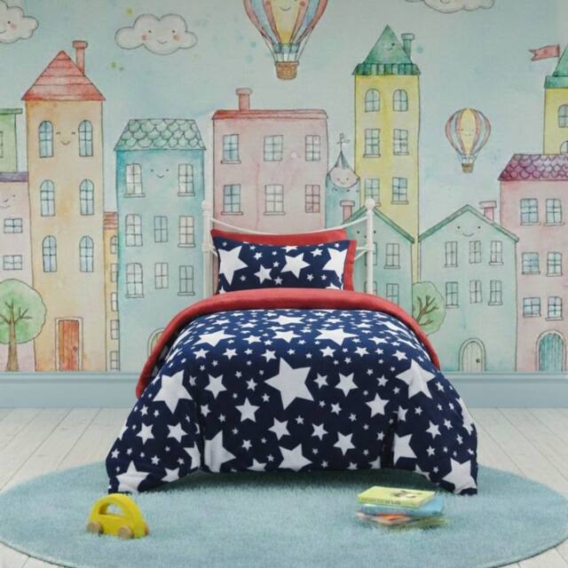 Snug City Stars Kids Teddy Duvet Cover Set Ultra Soft Bedding with Pillowcase in Navy - Size: Single - image 1