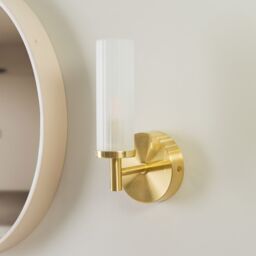 ValueLights Canya Pair of Brushed Gold IP44 Frosted Reeded Glass Wall Lights with LED Bulbs - thumbnail 2