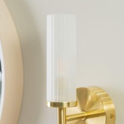 ValueLights Canya Pair of Brushed Gold IP44 Frosted Reeded Glass Wall Lights with LED Bulbs - thumbnail 4