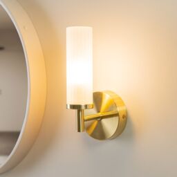 ValueLights Canya Pair of Brushed Gold IP44 Frosted Reeded Glass Wall Lights with LED Bulbs - thumbnail 1