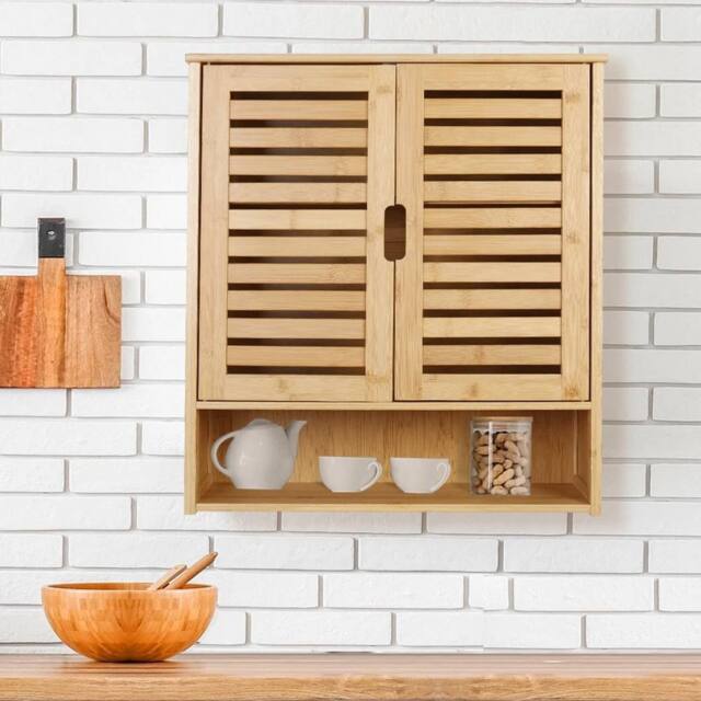 KORVIXA Bamboo Bathroom Wall Cabinet Storage 2 Door Cupboard 3 Shelves in Natural - Size: W700mm x H750mm - image 1