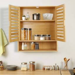 KORVIXA Bamboo Bathroom Wall Cabinet Storage 2 Door Cupboard 3 Shelves in Natural - Size: W700mm x H750mm - thumbnail 3