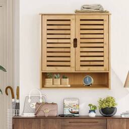 KORVIXA Bamboo Bathroom Wall Cabinet Storage 2 Door Cupboard 3 Shelves in Natural - Size: W700mm x H750mm - thumbnail 4