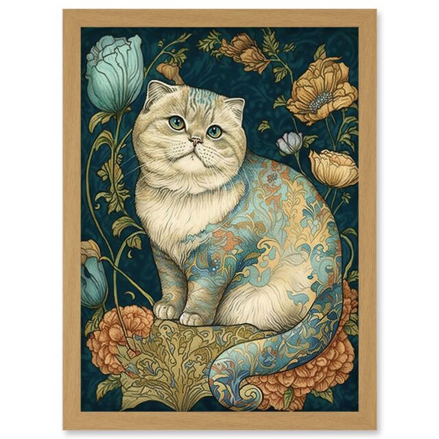 Artery8 William Morris Inspired Cute Cat with Floral Pattern Fur & Flowers Colourful Modern Illustration Artwork Framed Wall Art Print A4 in Light Oak - image 1