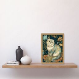 Artery8 William Morris Inspired Cute Cat with Floral Pattern Fur & Flowers Colourful Modern Illustration Artwork Framed Wall Art Print A4 in Light Oak - thumbnail 2