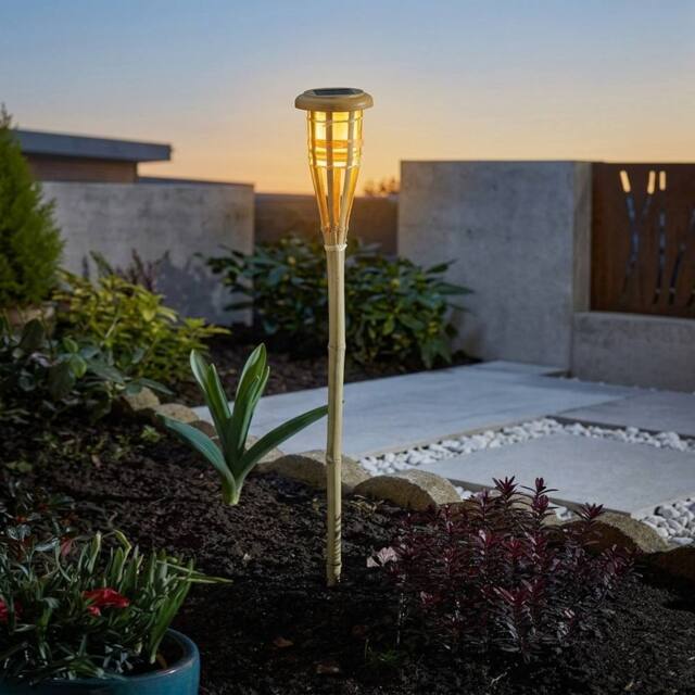 Garden Greatness Solar Flaming Bamboo Tiki Garden Torch in Natural - Size: 1 Pack - image 1