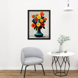 Artery8 Wall Art Print Midcentury Style Bright Floral Bouquet Flowers Painting Orange Yellow Red Turquoise Large Framed Wall Décor Art - thumbnail 2
