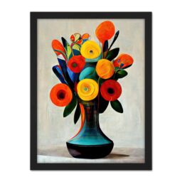 Artery8 Wall Art Print Midcentury Style Bright Floral Bouquet Flowers Painting Orange Yellow Red Turquoise Large Framed Wall Décor Art - thumbnail 1