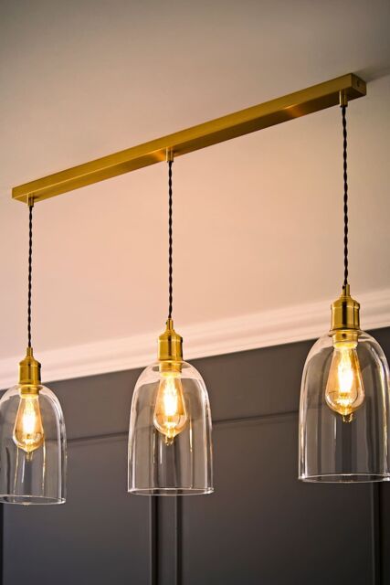 ValueLights Kira Glass Cloche Dome 3 Drop Bar Diner Ceiling Pendant Light & Bulbs in Gold - image 1
