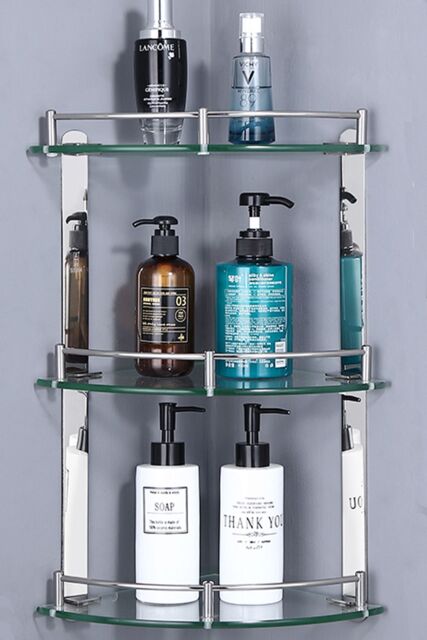 Living and Home 3-Tier Wall Mounted Corner Tempered Glass Shower Shelf Caddy with Rail Bathroom in Silver - image 1
