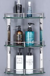 Living and Home 3-Tier Wall Mounted Corner Tempered Glass Shower Shelf Caddy with Rail Bathroom in Silver