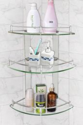 Living and Home 3-Tier Wall Mounted Corner Tempered Glass Shower Shelf Caddy with Rail Bathroom in Silver - thumbnail 7