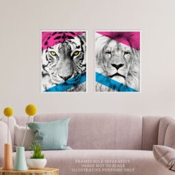 Artery8 Wall Art Print Pack of 2 A4 Neon Tiger & Lion Vivid Jungle Animal Portrait Bold Geometric Design Poster Living Room s Set - thumbnail 2