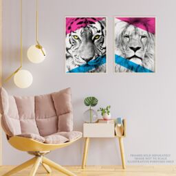 Artery8 Wall Art Print Pack of 2 A4 Neon Tiger & Lion Vivid Jungle Animal Portrait Bold Geometric Design Poster Living Room s Set - thumbnail 3