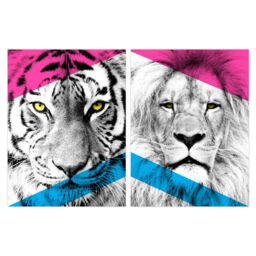 Artery8 Wall Art Print Pack of 2 A4 Neon Tiger & Lion Vivid Jungle Animal Portrait Bold Geometric Design Poster Living Room s Set - thumbnail 1