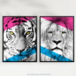 Artery8 Wall Art Print Pack of 2 A4 Neon Tiger & Lion Vivid Jungle Animal Portrait Bold Geometric Design Poster Living Room s Set - thumbnail 5