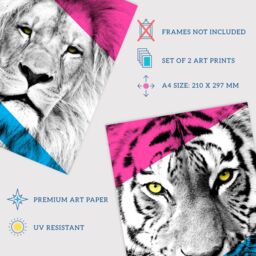 Artery8 Wall Art Print Pack of 2 A4 Neon Tiger & Lion Vivid Jungle Animal Portrait Bold Geometric Design Poster Living Room s Set - thumbnail 4