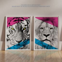 Artery8 Wall Art Print Pack of 2 A4 Neon Tiger & Lion Vivid Jungle Animal Portrait Bold Geometric Design Poster Living Room s Set - thumbnail 6