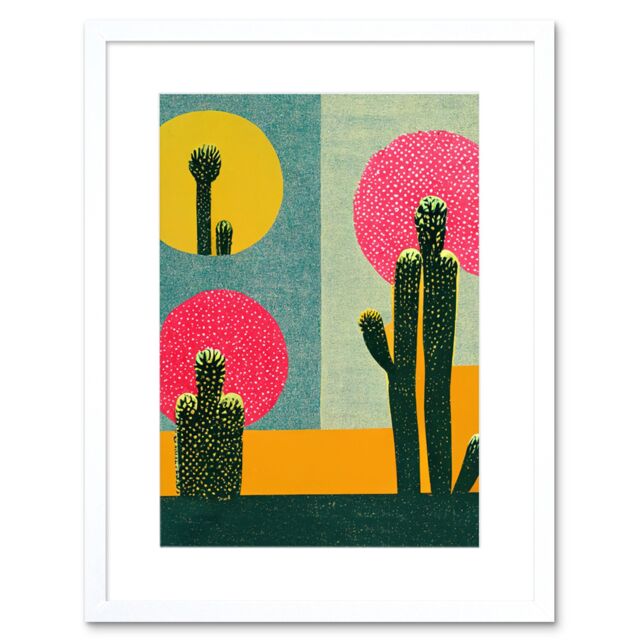"Artery8 Wall Art Print Surreal Pop Art Cholla Desert Cactus Artwork Framed 9X7 Inch in White - Size: W7"" x H9""" - image 1