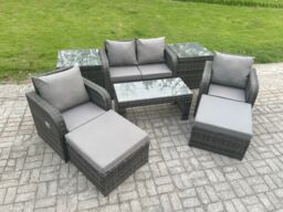 Fimous Wicker PE Rattan Garden Furniture Set Outdoor Lounge Sofa Set with Reclining Chair Coffee Table 2 Side Tables in Dark Grey - thumbnail 2