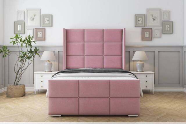 "Sloomy Beaumont Plush Bed Frame With 50"" Upholstered Wingback Headboard in Pink - Size: Super King" - image 1
