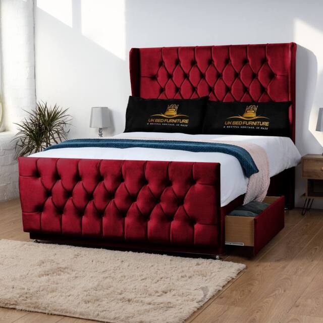 UK Bed Furniture Balamore Wingback Divan Bed with 54Inch Headboard & 2 Drawers Foot End in Maroon - Size: King - image 1