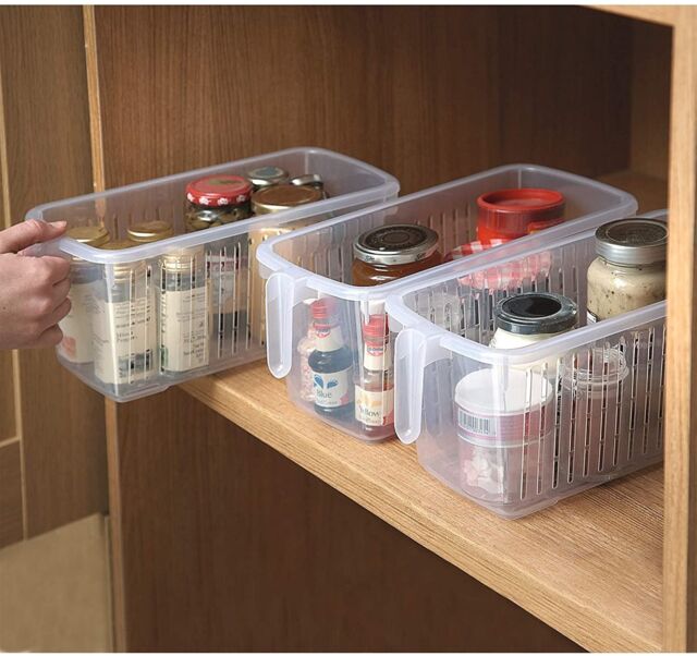 mysmartbuy 3 x Plastic Kitchen Cupboard Storage Organiser Baskets with Handles - Each Caddy Measures H14cm x W15cm x D31cm in Clear