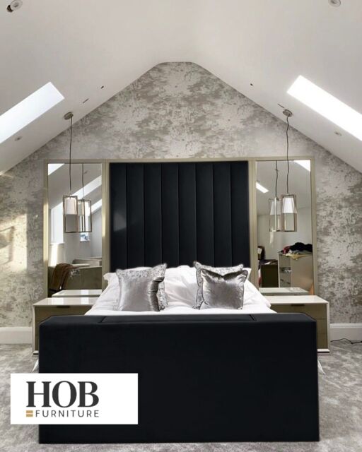 "HOB Furniture Janie Linear Design TV Bed with Mirrored Headboard (72""H) in Black - Size: Double" - image 1