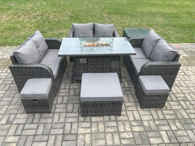 Fimous 9 Seater Outdoor Rattan Furniture Garden Dining Set Gas Fire Pit Table with Side Table Love Sofa 3 Footstools Dark Grey Mixed - image 1