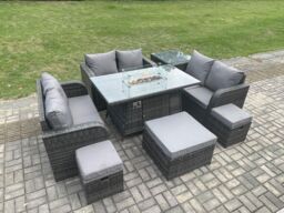 Fimous 9 Seater Outdoor Rattan Furniture Garden Dining Set Gas Fire Pit Table with Side Table Love Sofa 3 Footstools Dark Grey Mixed - thumbnail 3