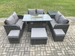 Fimous 9 Seater Outdoor Rattan Furniture Garden Dining Set Gas Fire Pit Table with Side Table Love Sofa 3 Footstools Dark Grey Mixed - thumbnail 1