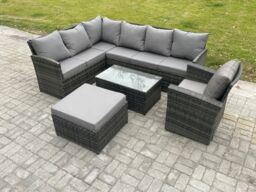 Fimous 8 Seater Rattan Lounge Corner Sofa Set Wicker PE Outdoor Garden Furniture Set with Coffee Table Big Footstool Armchair in Dark Grey - thumbnail 1