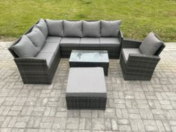 Fimous 8 Seater Rattan Lounge Corner Sofa Set Wicker PE Outdoor Garden Furniture Set with Coffee Table Big Footstool Armchair in Dark Grey - thumbnail 2