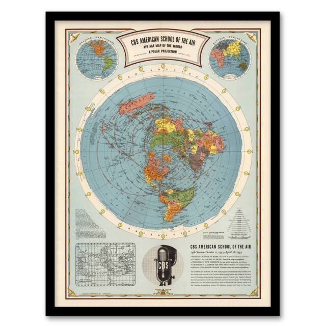 "Artery8 American School Of The Air World Map Polar Projection Radio Framed Art in Blue - Size: W12"" x H16""" - image 1