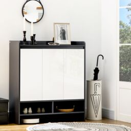 HOMCOM Storage Cabinet with High Gloss White Doors for 19 Pairs of Shoes in Grey
