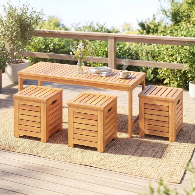 Costway 4PCS Outdoor Bench &Storage Box Set Acacia Wood Patio Bench&Deck Boxes in Natural - image 1