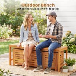 Costway 4PCS Outdoor Bench &Storage Box Set Acacia Wood Patio Bench&Deck Boxes in Natural - thumbnail 7