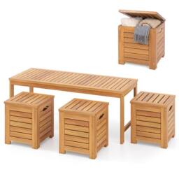 Costway 4PCS Outdoor Bench &Storage Box Set Acacia Wood Patio Bench&Deck Boxes in Natural - thumbnail 2