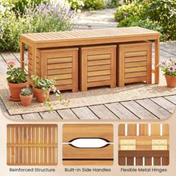 Costway 4PCS Outdoor Bench &Storage Box Set Acacia Wood Patio Bench&Deck Boxes in Natural - thumbnail 3