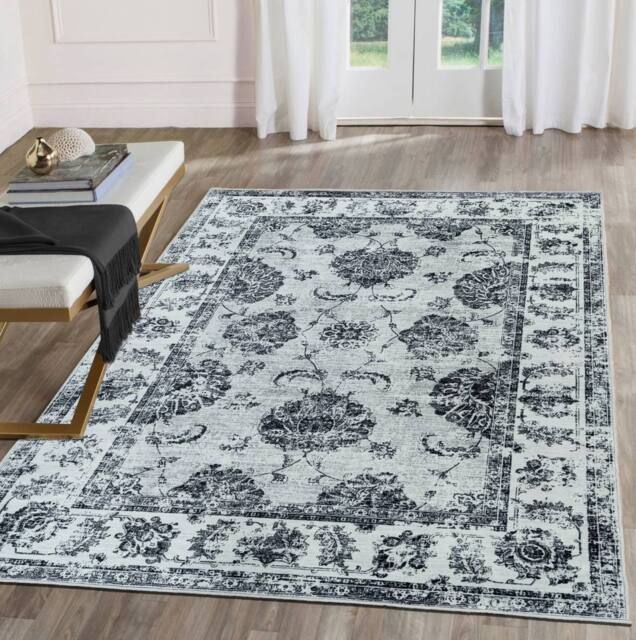 The Rug Shop UK Grey Bordered Floral 7mm Thick Stain-Resistant Traditional Rug - Size: 120 cm x 160 cm - image 1