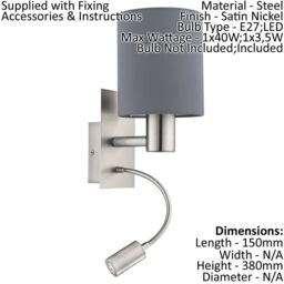 Loops Wall Light Colour Satin Nickel Shade Grey Fabric Bulb E27 LED 1x40W 1x3.5W in Metallics - thumbnail 2
