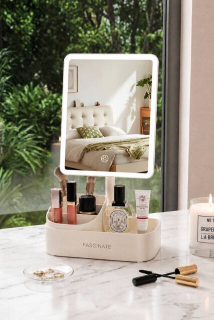 "Fascinate 12"" 360° Rotatable Lighted Makeup Mirror w/ Storage, USB Rechargeable in Cream - Size: 24 cm" - image 1