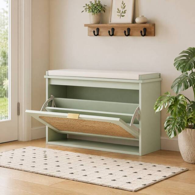 STILVORA Shoe Bench with Flip Drawer & Padded Seat in Green - image 1