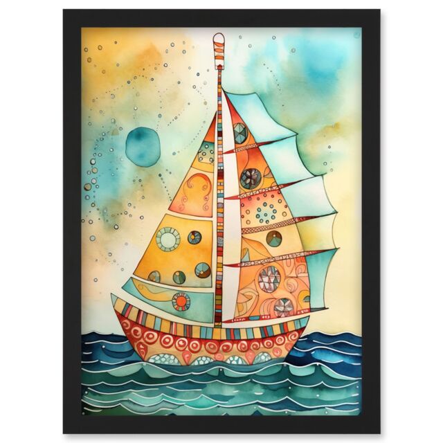 Artery8 Sailboat Concept With Dorsal Fin Sail Folk Art Artwork Framed Wall Art Print A4 in Black - image 1